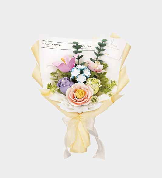 Bouquet of flowers with a visible brand label on a white background