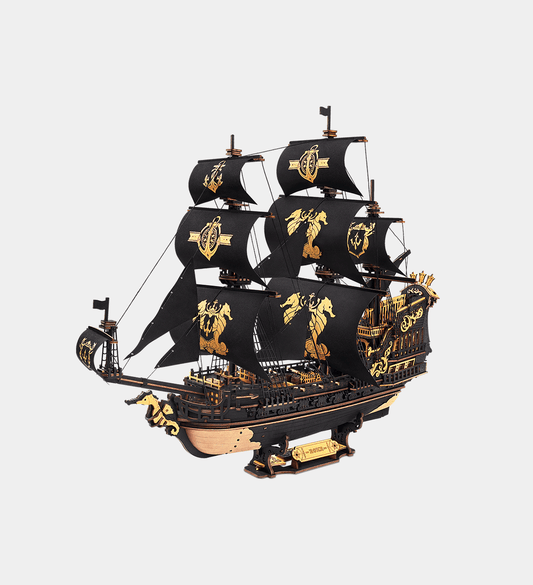 Model of a black sailing ship with gold details on a light gray background