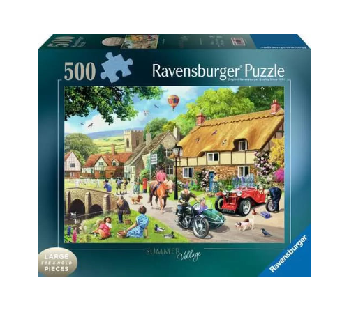 Ravensburger puzzle box featuring a summer village scene with people, animals, and vehicles.