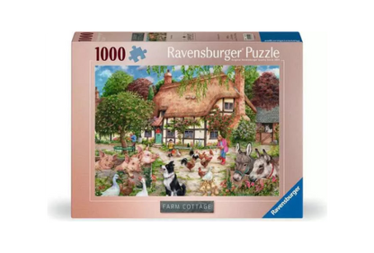 Ravensburger puzzle box featuring a farm scene with animals and a cottage.