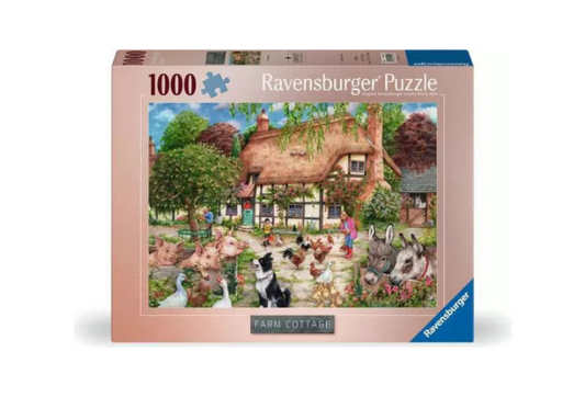 Ravensburger puzzle box featuring a farm scene with animals and a cottage.