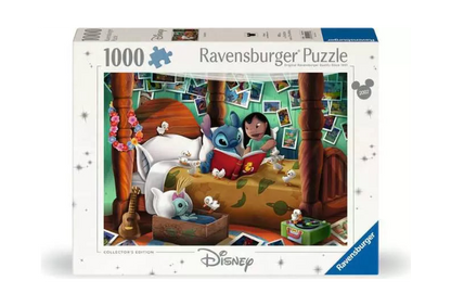 Ravensburger Disney puzzle box with cartoon characters on a bed