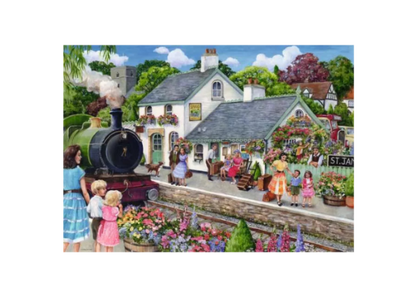 Illustration of a village scene with a train station and people gathered around.